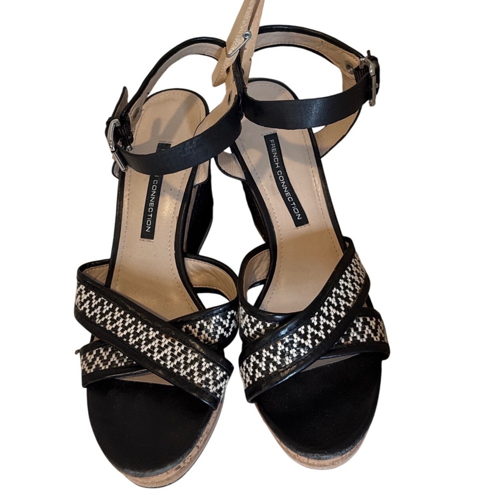 French Connection Black White Woven Leather Cork Lata Espadrille Wedge Sandal 41